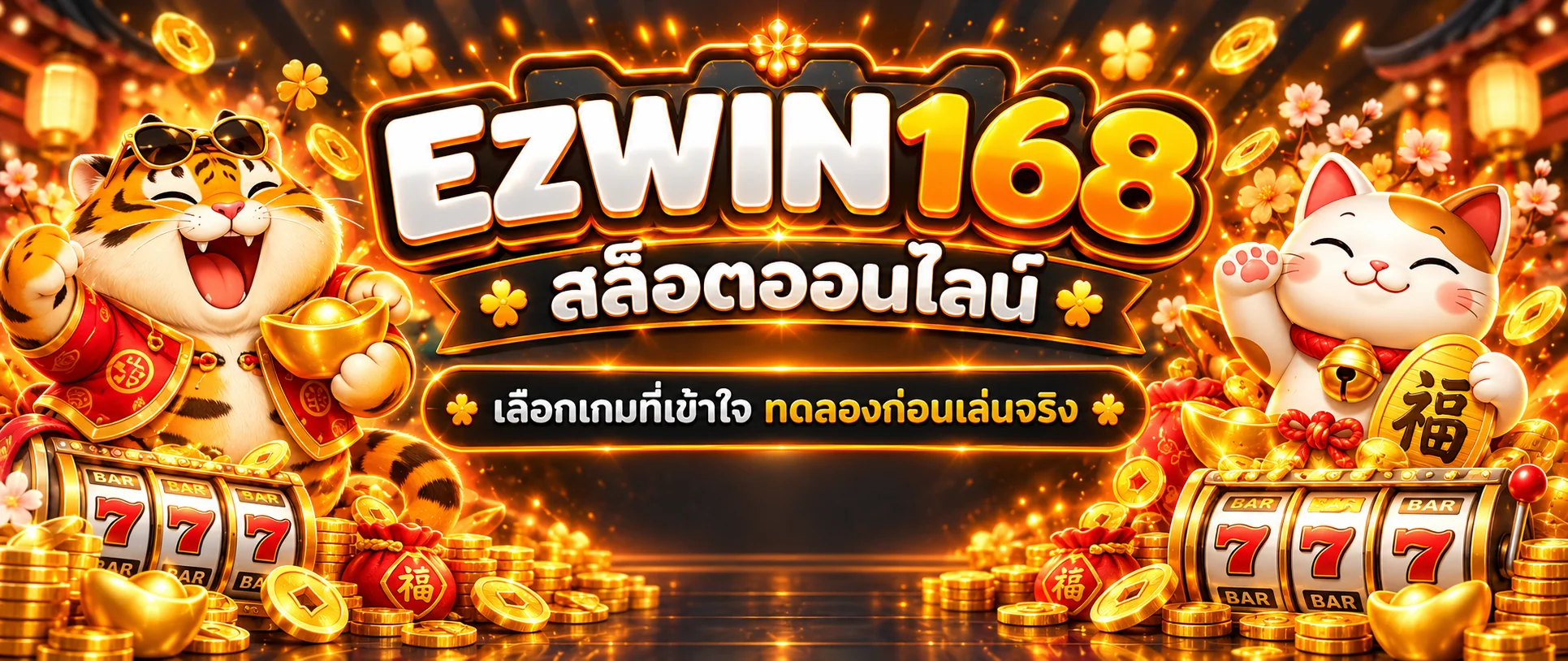 แบนเนอร์ EZWIN168 สล็อต พร้อมตัวละครเสือและแมวกวัก